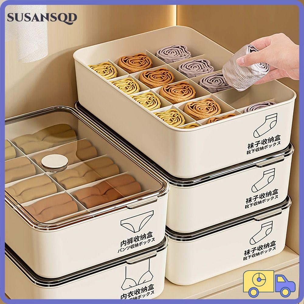 Susansqd กล่องเก็บชุดชั้นใน,พร้อมฝาครอบ 10/15 กริดกางเกงถุงเท้า Organizer, Orderly Classification กันฝุ่น Stable ซ้อนตู้เสื้อผ้ากล่องเก็บสําหรับ Home