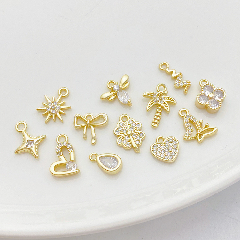 14k Gold-Covered สี Retention ฝัง Zircon Water Drop Love Heart จี้ผีเสื้อสร้อยข้อมือสร้อยคอ Handmade DIY จี้อุปกรณ์เสริม