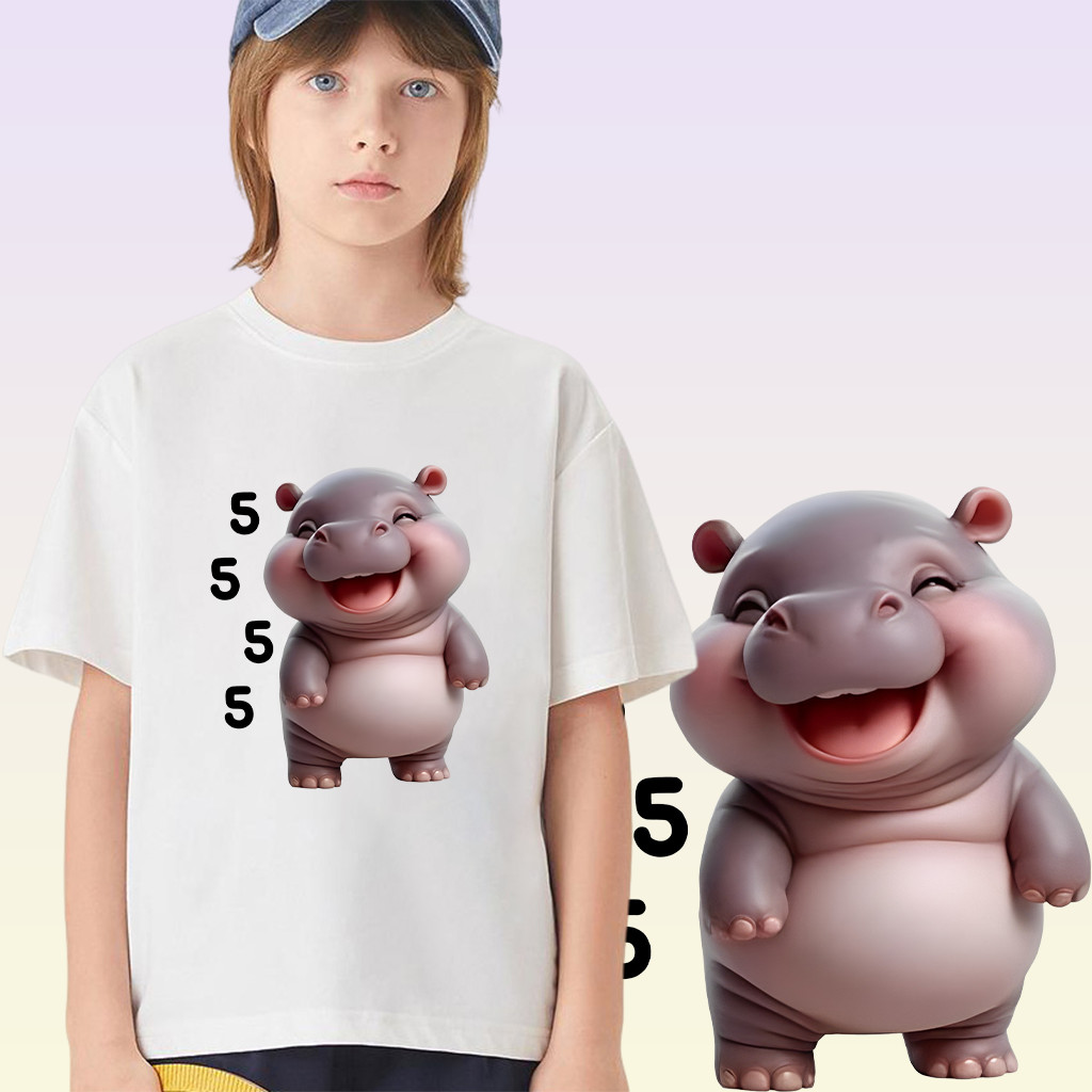 พร้อมส่ง เสื้อยืดเด็กหมูเด้ง Moodeng hippo เสื้อลายฮิปโปน่ารัก พิมพ์ลาย ผ้าCotton 100% ใส่สบาย ไม่หด ไม่ย้