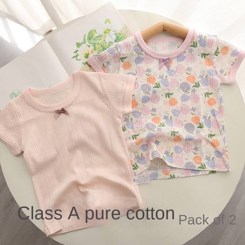 ((2 ชิ้น) ผ้าฝ้ายแท้สาวแขนสั้นเสื้อผ้าเด็กเสื้อยืดด้านบนเด็ก