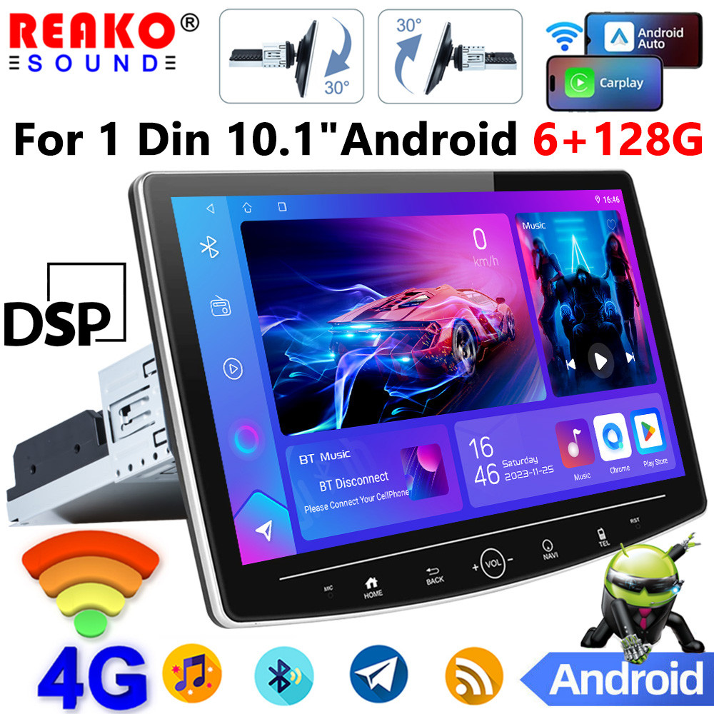 REAKOAUTO 10 นิ้ว 1 Din หน้าจอสัมผัส Android 13 รถวิทยุ Universal เครื่องเล่นมัลติมีเดีย Carplay GPS