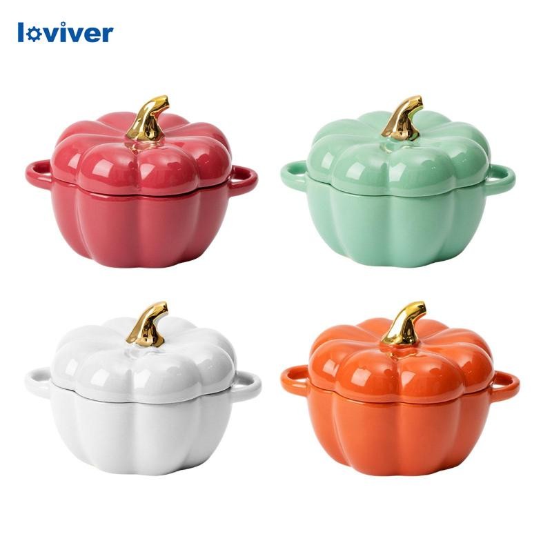 [Loviver] ฟักทองชามเซรามิกพร้อมที่จับหูคู่ชามอาหารเย็นน่ารักพร้อมฝาปิดสําหรับงานปาร์ตี้ฤดูใบไม้ร่วงตกแต่งฤดูใบไม้ร่วง