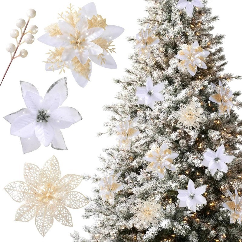 5/20 ชิ้นสีขาวคริสต์มาสดอกไม้ Glitter Poinsettia ดอกไม้ประดิษฐ์ Berry Picks เครื่องประดับต้นคริสต์มาสประดิษฐ์คริสต์มาสดอกไม้สําหรับ Xmas งานแต่งงานพวงหรีดตกแต่งปาร์ตี้