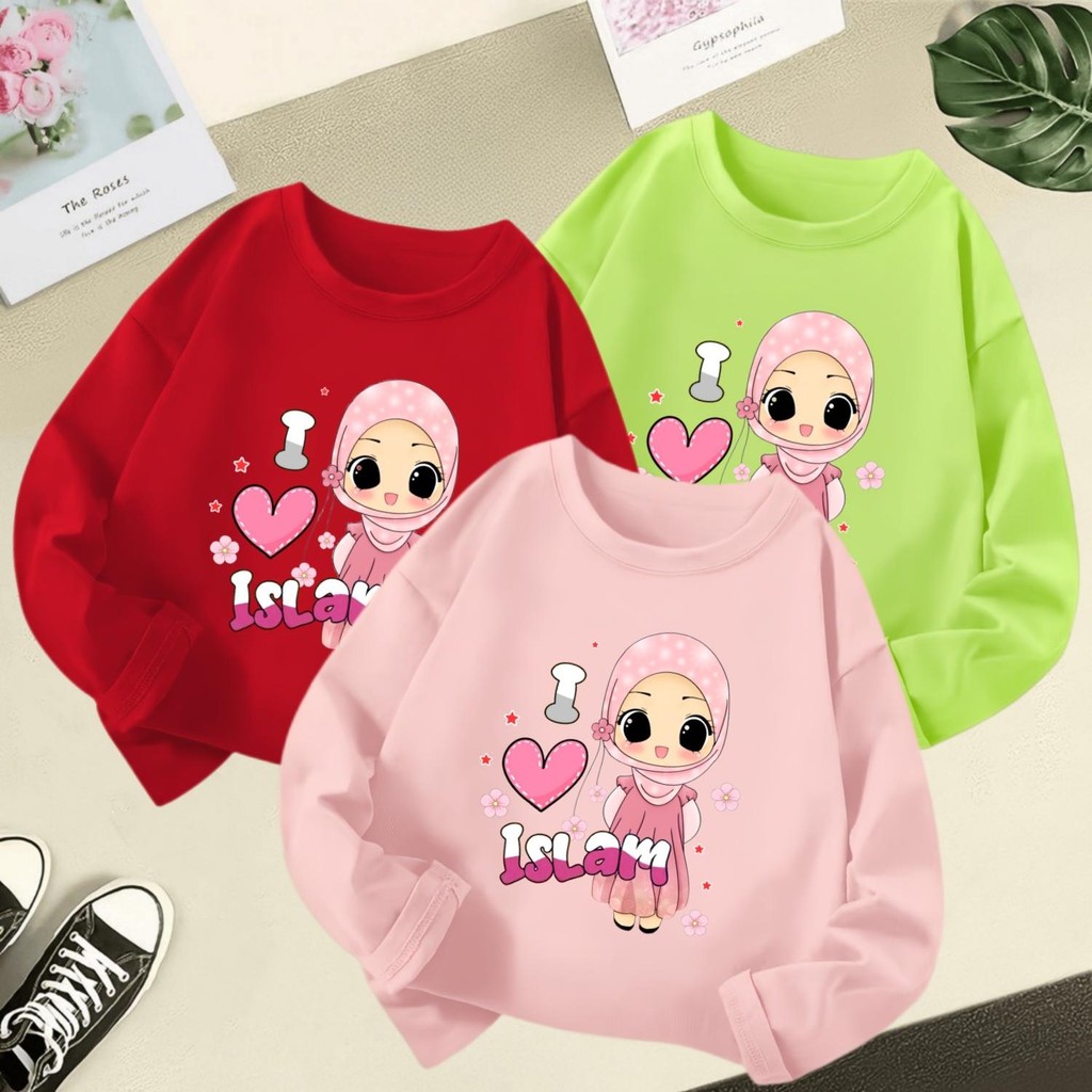เหมาะสําหรับ 3-12 ปีสาวมุสลิมการ์ตูนพิมพ์สาวเสื้อยืดแขนยาวนุ่มคอลูกเรือเด็กด้านบนสีทึบอเนกประสงค์ฤดูร้อนเสื้อผ้าเด็ก