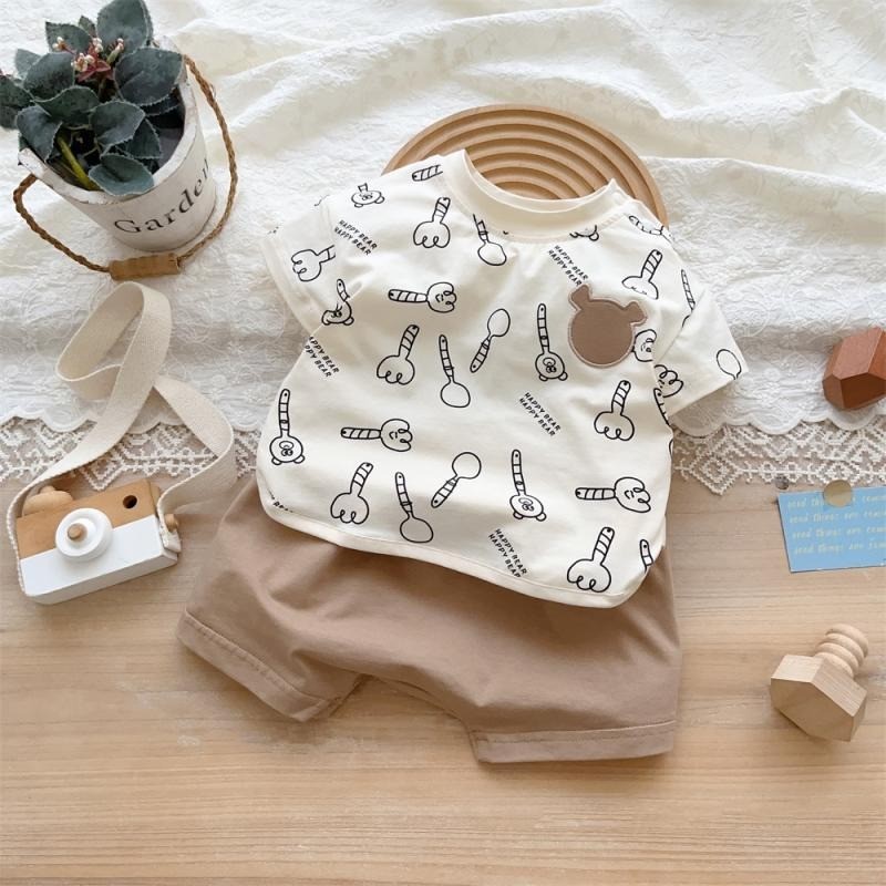 เสื้อผ้าเด็กชุดฤดูร้อนแฟชั่นเกาหลีแขนสั้น + กางเกงขาสั้น 2ชิ้น เด็กทารกเด็กผู้หญิงน่ารักการ์ตูนเสื้อผ้าชุด 0-2 ปี