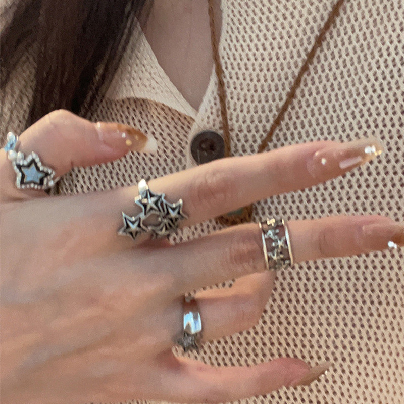 Jushi Vintage Niche Star Ring แหวนเปิดปรับได้คู่แฟชั่นของขวัญอุปกรณ์เสริม