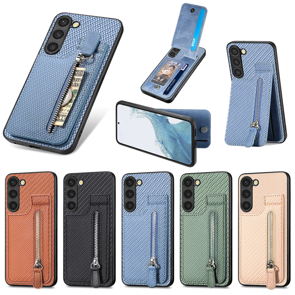 SAMSUNG สําหรับsamsung Galaxy S24 S23 S22 S21 S20 plus ultra fe 5G Dual Layerน้ําหนักเบาผู้ถือบัตรFlipคาร์บอนกรณี