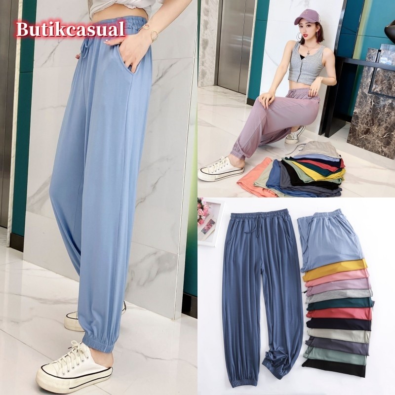 ผู้หญิง Modal Cotton pant pocket Thin soft 2025 กางเกงขายาวฤดูร้อน Casual plain Loose straight Pants