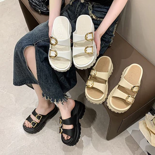 ManBu8🌞พร้อมส่ง🚚 วัสดุ EVA รองเท้าแตะแบบสวม ดีเทลสายคาด2เส้น อะไหล่ทอง ส้นตึกเสริมความสูง สูง 6cm (LT-2021New)