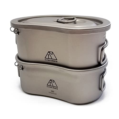 TITAN MANIA Titanium Rice Cooker, Titanium Mess Kit, 750ml + 380ml Two-Tier Folding Handle, Ultra Li