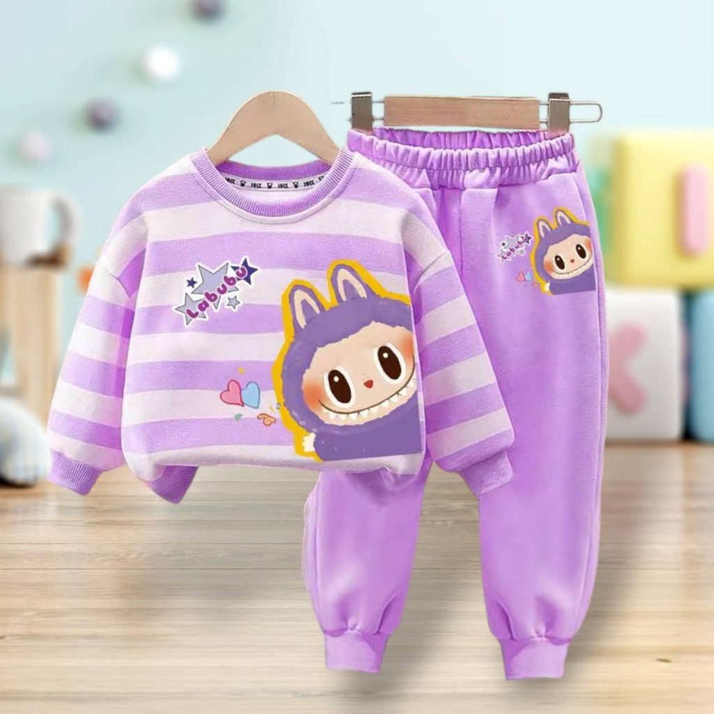PINKชุดเซ็ทเด็กแขนยาวขายาว ลายสุดฮิตแต่งริ้ว สีสันสดใส รุ่น3410