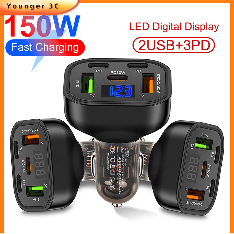2usb + 3PD type c PD 5 in 1 ที่ชาร์จแบตในรถหลายพอร์ตชาร์จเร็วพร้อม Vehicle Digital Display ที่ชาร์จโทรศัพท์ 30W อะแดปเตอร์ชาร์จในรถยนต์