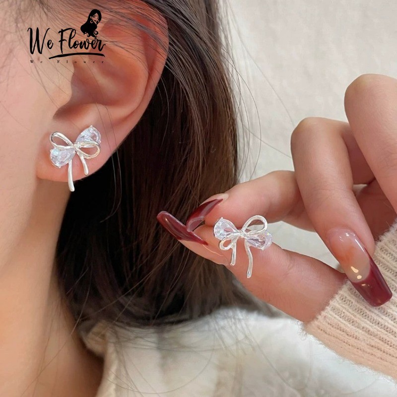 เราดอกไม้ Elegant s925 เงิน Rhinestone Bowknot ต่างหูสตั๊ดสําหรับผู้หญิงสาวหมั้นโบว์หู Studs เครื่องประดับอุปกรณ์เสริม