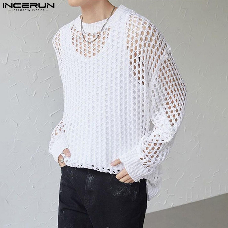 ไม่แน่นอน เสื้อยืดแขนยาวคอกลมกลวงแฟชั่นลําลองสําหรับบุรุษเกาหลี