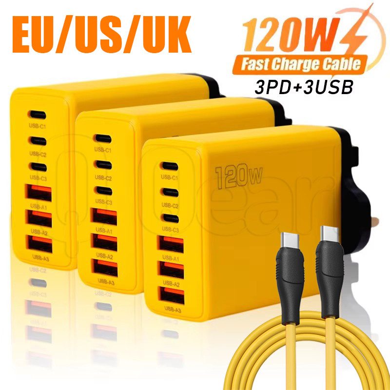 120w EU/US/UK Plug Fast Charging Set - 6-Port GaN Charger Power Adapter - Universal Charger Block - สําหรับโทรศัพท์, แท็บเล็ต, แล็ปท็อป - 3PD+3USB Travel Plug - Wall Charger Plug Head