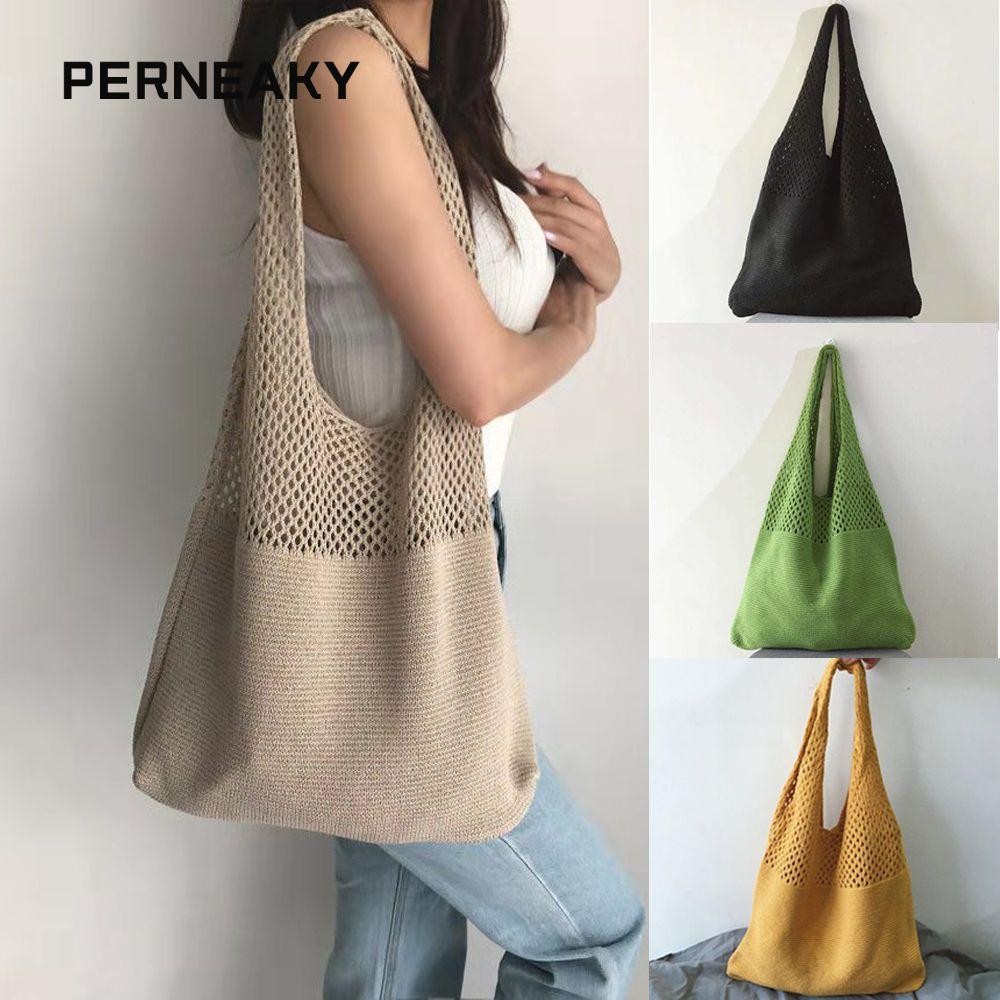 Perneaky กระเป๋าช้อปปิ้งถัก Messenger Tote Hollowed Out กระเป๋าถือ