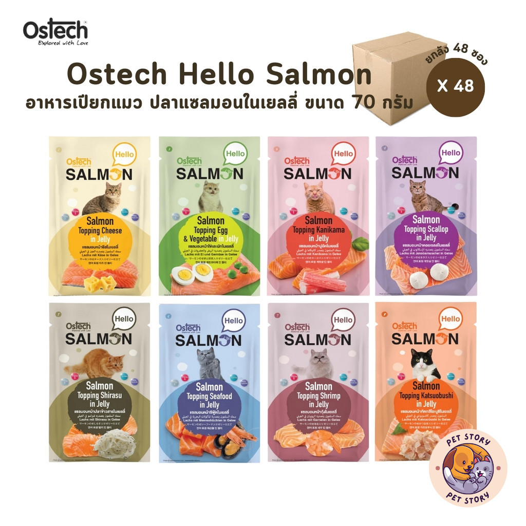 Ostech Hello Salmon [48 ซอง] ออสเทค อาหารเปียกแมว แซลมอนในเยลลี่ ขนาด 70 กรัม