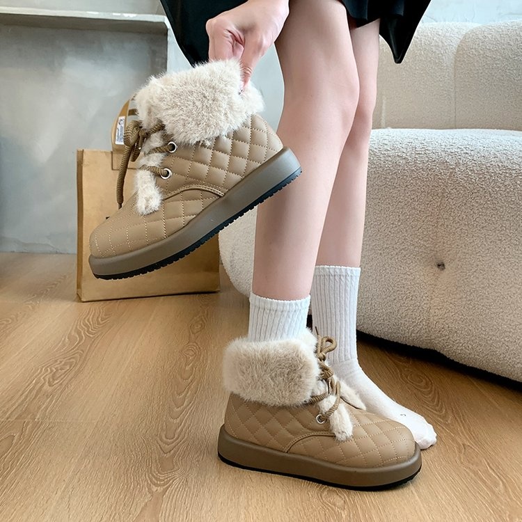 รองเท้าบูทผู้หญิงแฟชั่นเกาหลีรอบนิ้วเท้าแบนผูกเชือกท่อสั้นบวกกำมะหยี่รองเท้าหิมะที่อบอุ่นขนาด35-40 - รูปที่ 6