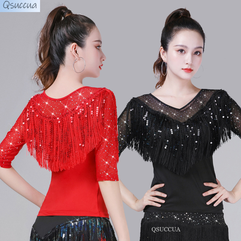 Qsuccua ผู้ใหญ่ผู้หญิง Latin Square Dance สองชั้นพู่คอกลมด้านบน