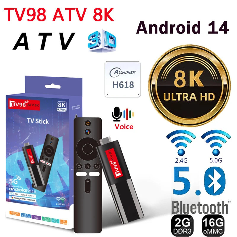 ATV 8K MINI TV Stick Android 14 ALLWINNER H618 Quad Core Cortex A53 8K HDR10 3D 2.4G และ5.8G WiFi BT