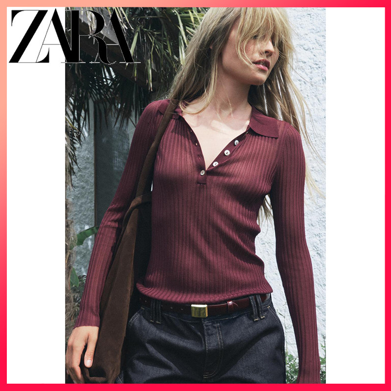 ZARA ซาร่า ใหม่ผู้หญิงซี่โครงวิจิตรเข็มถักบางสบายๆเสื้อแขนยาว