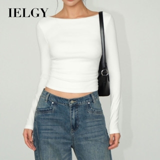 IELGY สีดําแน่นแขนยาวเสื้อยืดผู้หญิงบางสั้นด้านบน