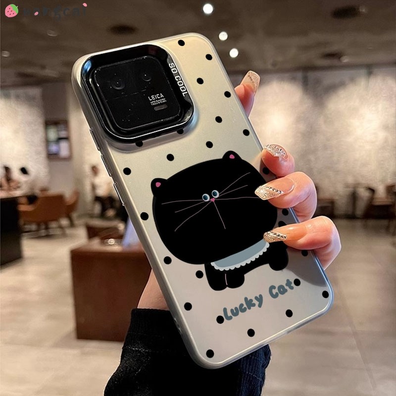 สําหรับ Xiaomi 14T 14 13 13T 12 12S 12T Pro Ultra 12X เคสโทรศัพท์น่ารัก Lucky Black Cat การ์ตูน Simple Silver สีขาวสีเทาหรูหราเลเซอร์ Matte Frosted Soft Casing Cases กรณีปกหลัง
