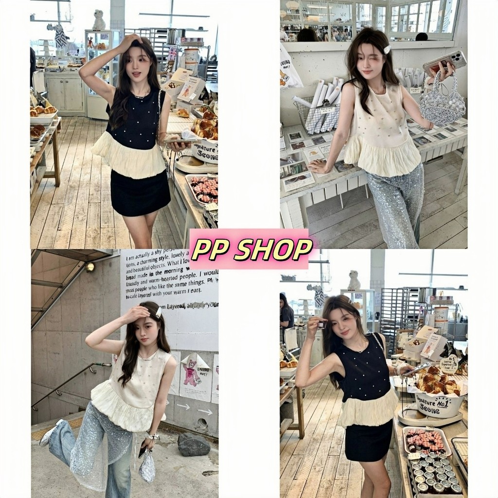 PP Shop​ ​พร้อมส่ง เสื้อสายเดี่ยว แขนกุด ใส่สบาย คอกลม เสื้อกล้ามผู้หญิง ทรงสวย ลายจุด ผ้าร่อง#R27-1