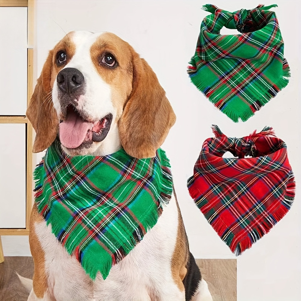 ผ้าพันคอสามเหลี่ยมลายสก๊อตเทศกาล-bandanas สำหรับสุนัขขนาดเล็กถึงขนาดกลางที่มีขอบพู่, อุปกรณ์เครื่องแต่งกายสัตว์เลี้ยงคริสต์มาส, ผ้าพันคอปรับได้สำหรับสัตว์เลี้ยง, ง่ายต่อการสวมใส่และถอดออก