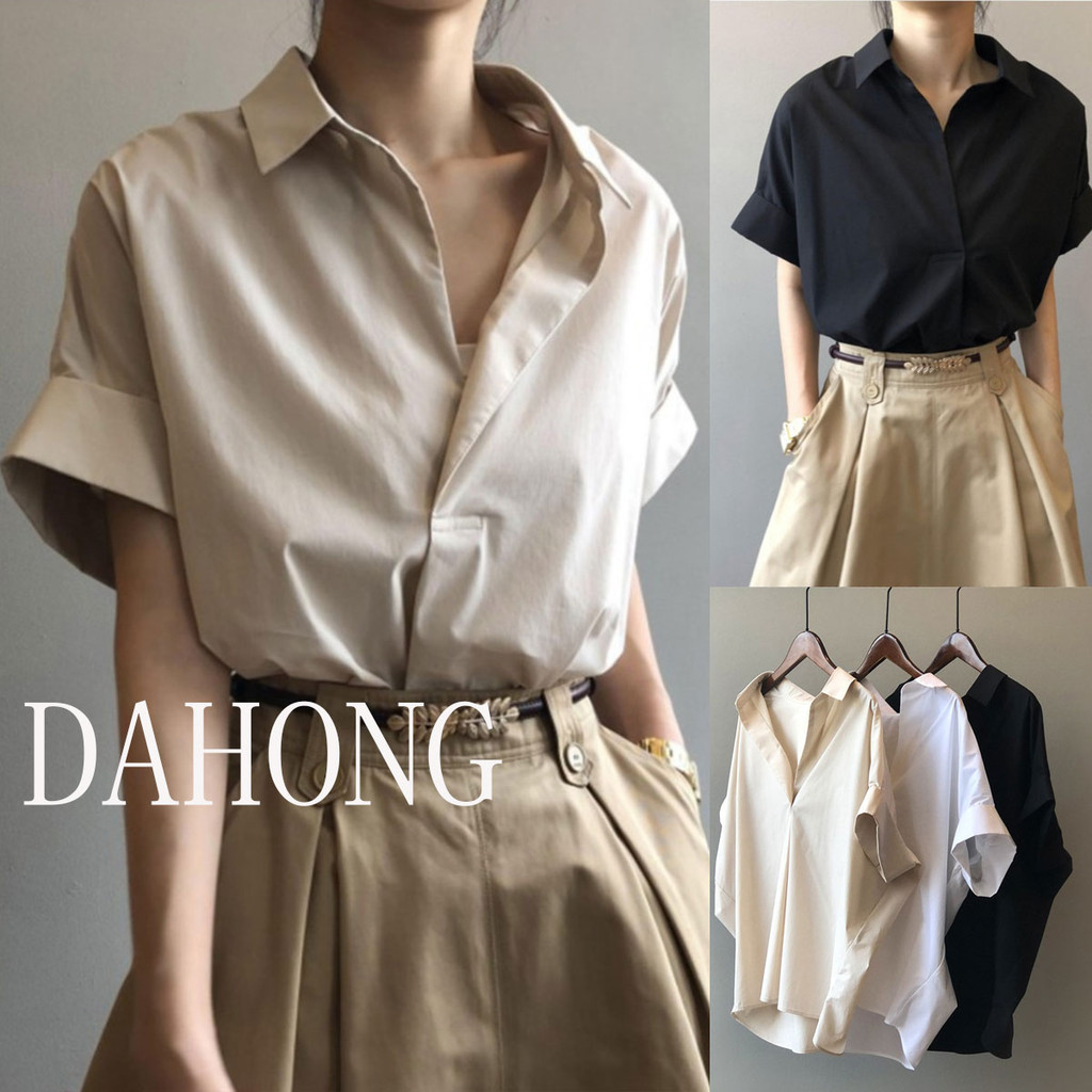 Dahong 🔥 เสื้อเชิ้ตแขนสั้น คอปก สีพื้น  กระดุมหน้า ดีไซน์คลาสสิค ผ้าไหมอิตาลีอย่างดี แฟชั่นใหม่ W495