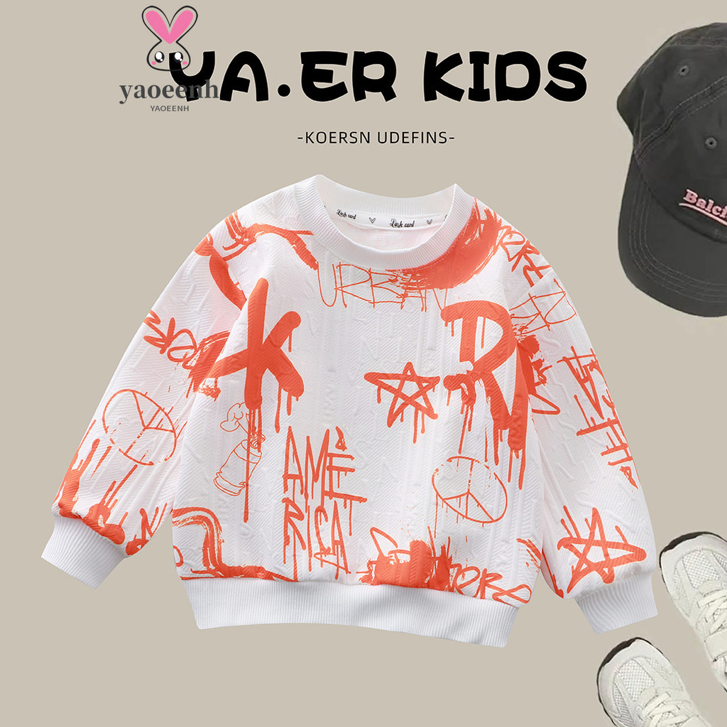 【YAOEENH】80-160 ซม.ชายการ์ตูนพิมพ์เสื้อแขนยาวกลางเด็กใหญ่แฟชั่นสวมใส่ด้านนอกรอบคอสบายสบายๆ สูงสุด