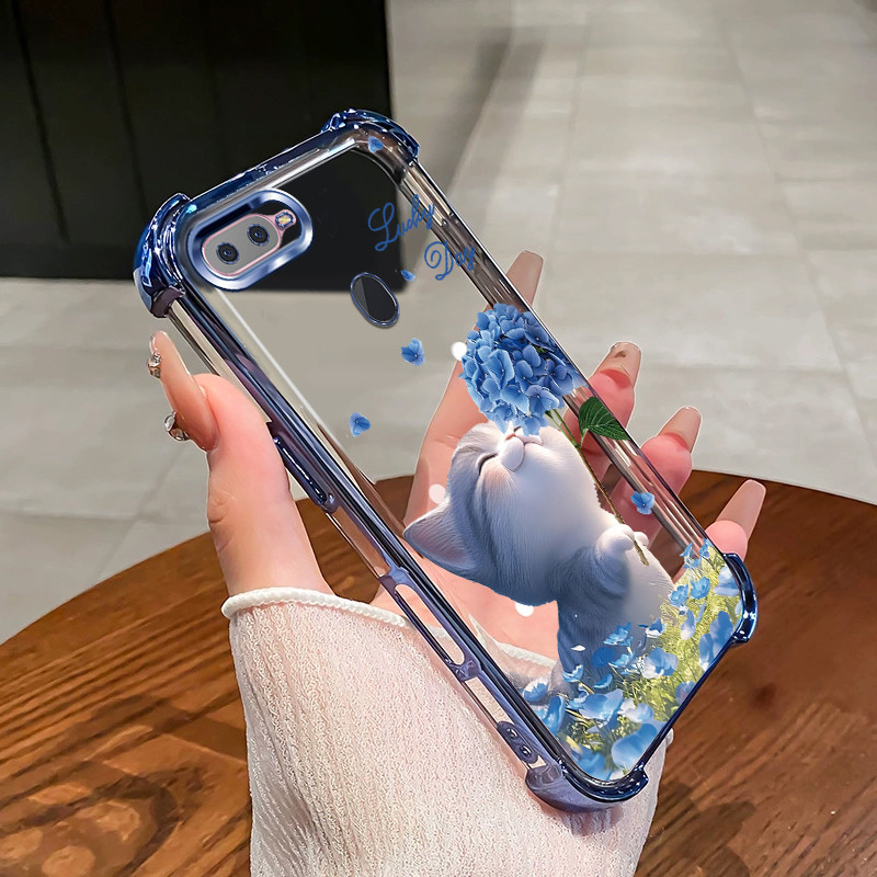 สําหรับ OPPO A5S A12 A7 F9 Pro F7 F5 เคสโทรศัพท์ดอกไม้แมวสี่มุมซิลิโคน TPU โปร่งใสนุ่ม XH007
