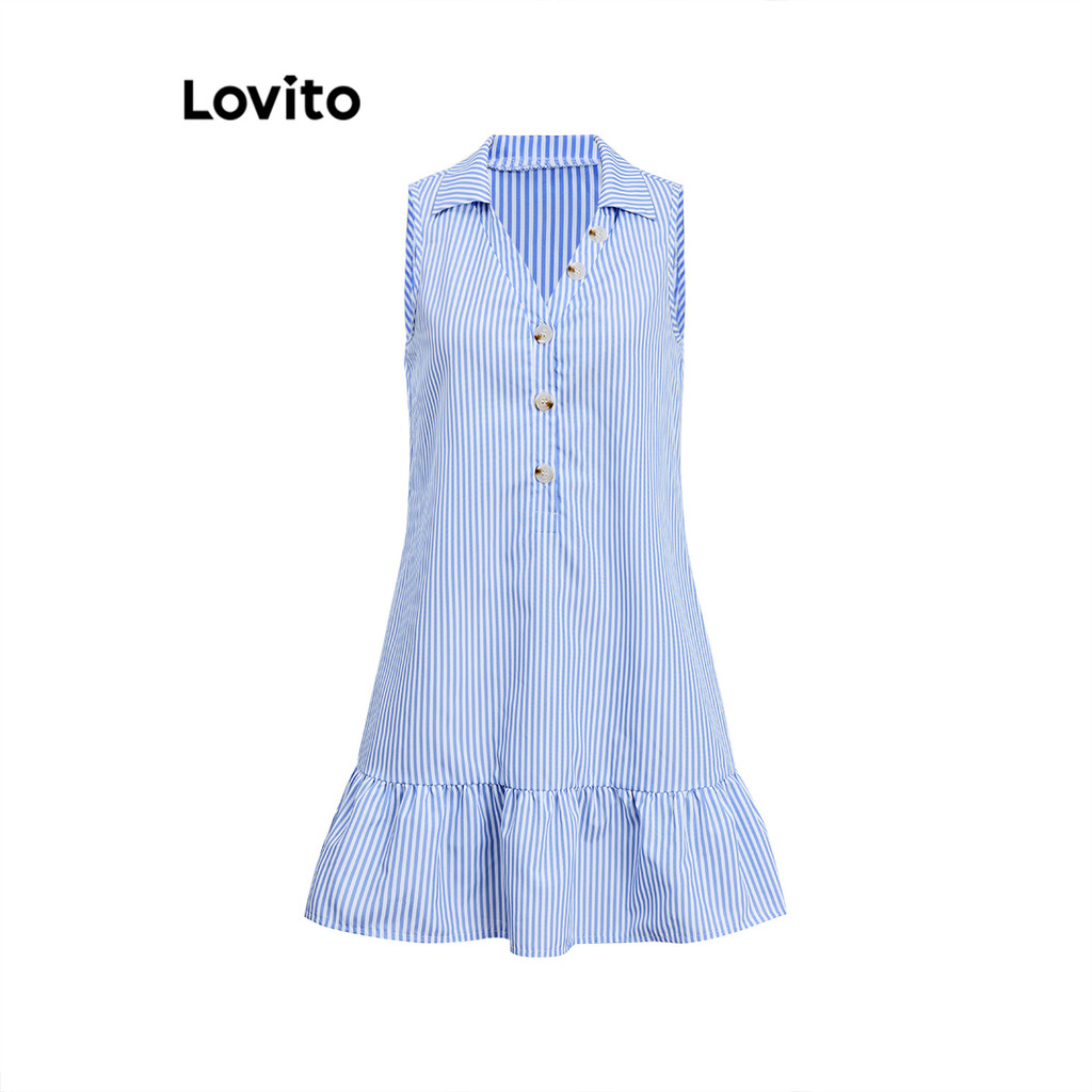 Lovito ชุดเดรสผู้หญิง ลายทาง ชายระบาย มีกระดุม สไตล์โบโฮ L96MD075