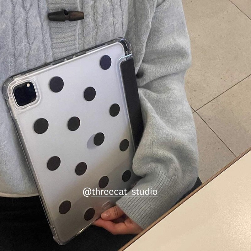 สไตล์เกาหลี Ins จุดสีดําพร้อมช่องเสียบปากกากรณีแท็บเล็ตสําหรับ Ipad pro/11/10/9/8 เคสหนังป้องกัน air4/air5/air6/air3 Anti-fall Soft Case