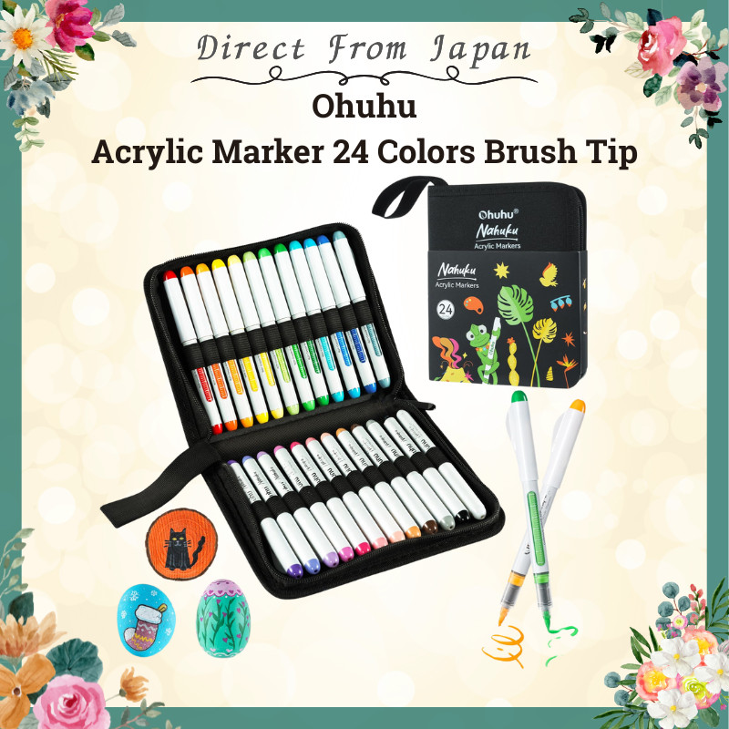 Ohuhu Acrylic Marker 24 Colors Brush Tip Opaque Water-Based Paint Pen Direct-Flow Art Supplies