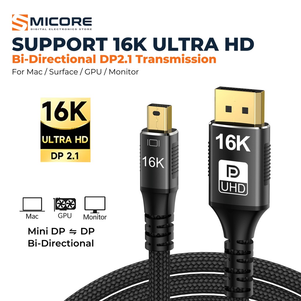 สาย Mini DP เป็น DP DisplayPort 2.1 รองรับ 16K 8K 4K 240Hz Bi-Directional สำหรับ MacBook การ์ดจอ จอมอนิเตอร์