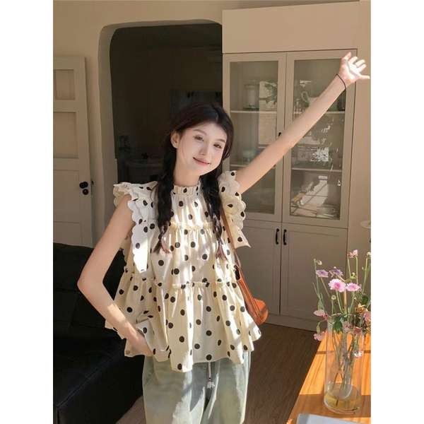 สตรีทแฟชั่น frenchy top เสื้อเชิ้ตแขนยาวลายจุดสวยหวานสำหรับฤดูร้อนปี2025เสื้อเชิ้ตตัวเล็กทรงหลวมเก๋ม