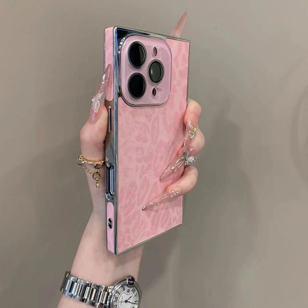 หรูหราสแควร์มุมขวาเสือดาวพิมพ์หนังเคสโทรศัพท์สําหรับ ไอโฟน16 มือโปร สูงสุด 15 14 13 มือโปร สูงสุด กันกระแทกกล้องป้องกันวางทนฮาร์ดปกหลัง