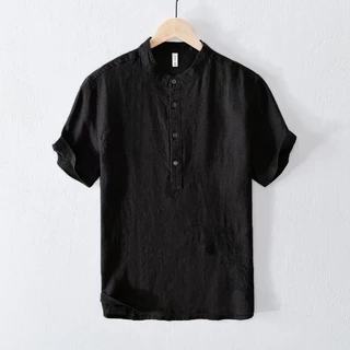 เวอร์ชั่นเกาหลีผ้าลินินผ้าฝ้ายธรรมดาคอกลมปุ่ม-เสื้อคาร์ดิแกนหน้าอกเสื้อแขนสั้นติดตั้งทํางานด้านบนของผู้ชาย