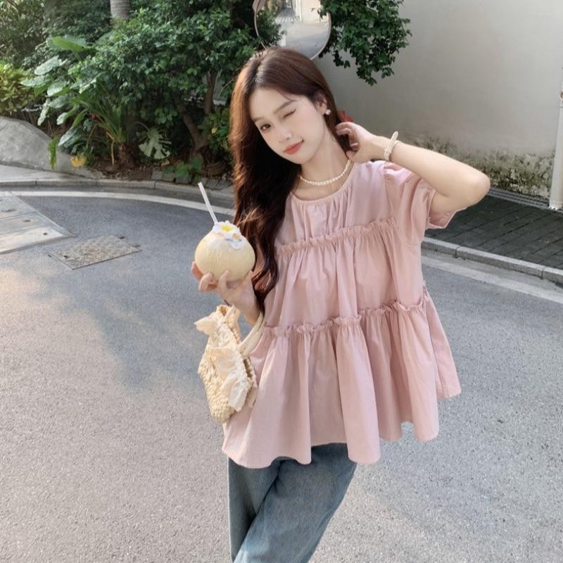 mimi&didi#เสื้อเชิ้ตสไตล์เกาหลีทรงหลวม อเนกประสงค์ คอกลม แขนพัฟ สำหรับผู้หญิง ฤดูร้อนเรียบหรู เสื้อน่ารักๆ ผู้หญิง#W630