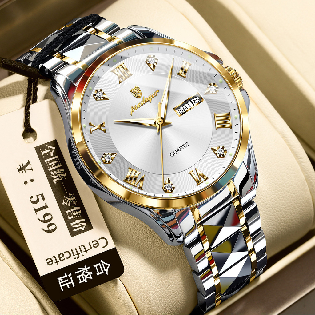 โพดาการ์ นาฬิกาธุรกิจสําหรับผู้ชายกันน้ําต้นฉบับปฏิทินเรืองแสงนาฬิกาสแตนเลส883