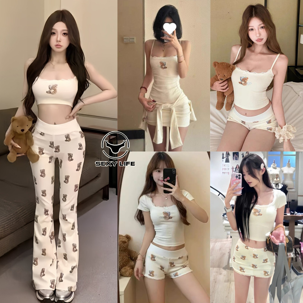 เซตชุดนอน  ผ้าใส่สบาย  ยืดหยุ่น  ลูกไม้   ระบายอากาศ  ลายหมีน่ารัก  ชุดอยู่บ้าน  หลากหลายสไตล์  ส่งไวจากไทย