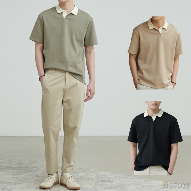 เสื้อโปโลผู้ชายสีบล็อกแขนสั้นหลวมสบายๆคอปกแสงผู้ใหญ่สไตล์ www54