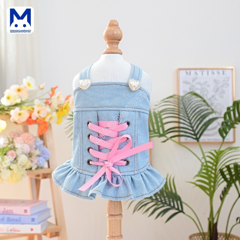 Dog Laced-Up Denim Skirt สัตว์เลี้ยงฤดูใบไม้ร่วงฤดูหนาวเสื้อผ้าหวาน