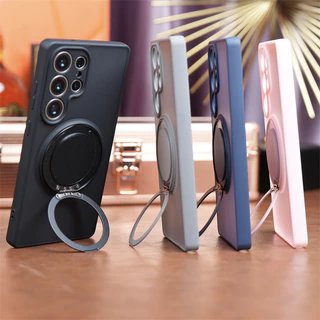 SAMSUNG หรูหรา 360° Rotatabl ขาตั้งโลหะเคสโทรศัพท์แม่เหล็กสําหรับSamsung Galaxy S25 S24 S23 Ultra Plus FE S25Edge Frosted Hard PCปกหลังTPU Soft Edgeปลอกกันกระแทก
