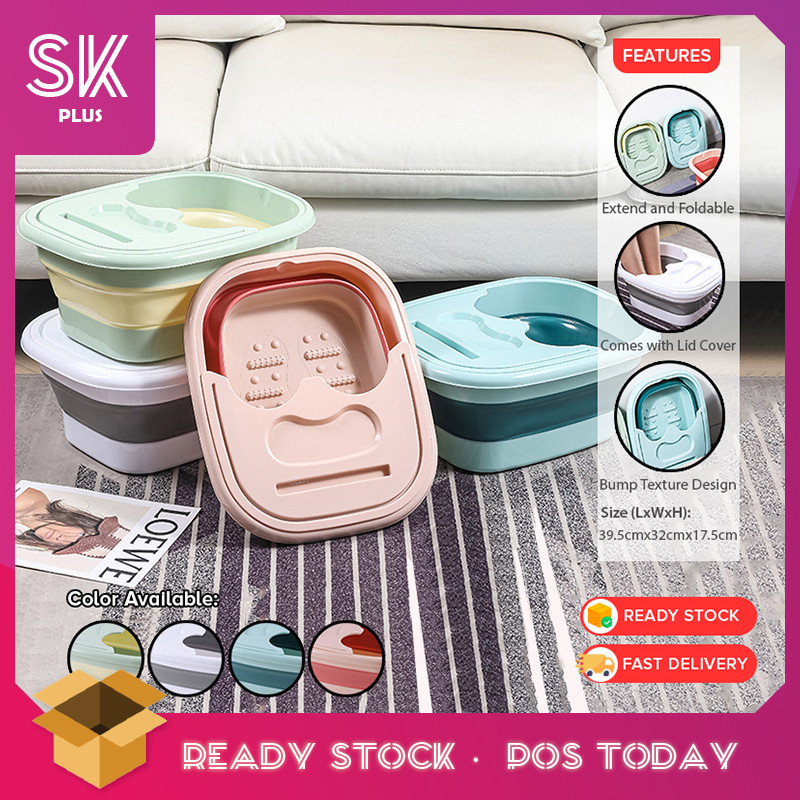 SKplus ถังนวดเท้าพับได้แบบพกพา Footbath พร้อมฝาปิดผ่อนคลาย Detox Tungku Rendam Kaki Urut Dengan Penu