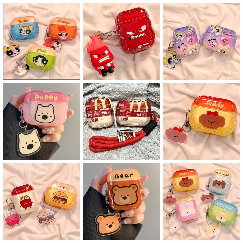 เคสหูฟังสําหรับ แอร์พอด 4 มือโปร 2 3 1 ความคมชัดสีเจลลี่แมวสุนัขแฮมเบอร์เกอร์พาวเวอร์พัฟนุ่ม ทีพียู กันกระแทกบลูทูธไร้สายหูฟังฝาครอบป้องกันด้วยจี้กัน