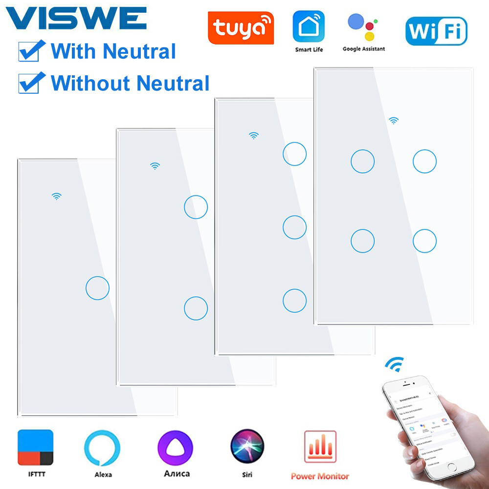 VISWE สมาร์ทสวิตช์แผงกระจกสีขาว WiFi บลูทูธ Alexa Google Tuya รองรับสายนิวตรัลและไม่รองรับ 400W