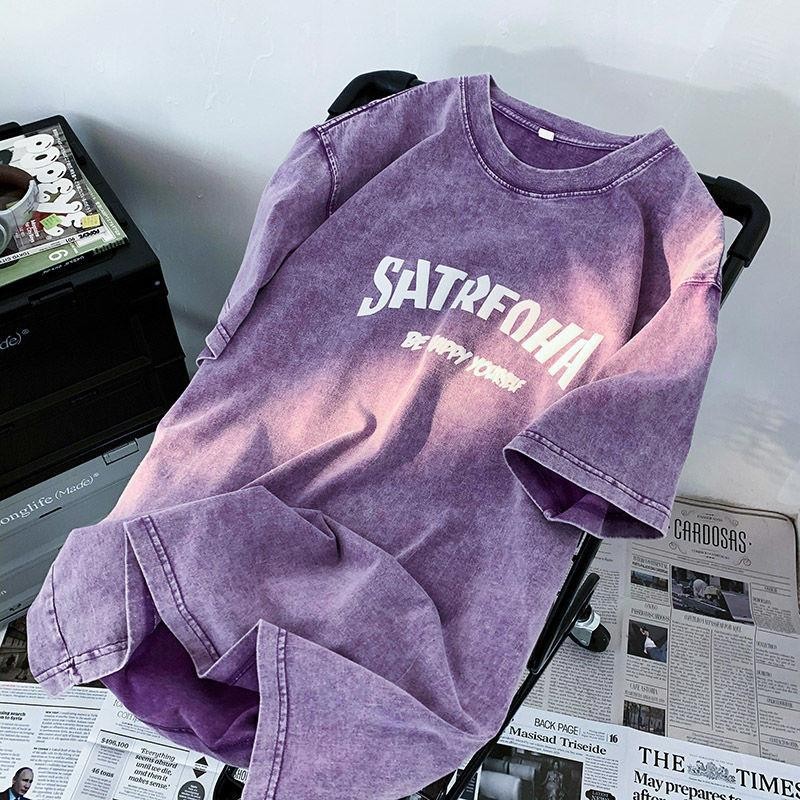 (จัดส่งตลอด 24 ชั่วโมง)เสื้อยืดฟอก oversize เสื้อยืด เสื้อยืดวินเทจสีม่วง ลายตัวอักษร SATRFOHA ทรงหลวมสุดชิค ผ้าฝ้าย100%