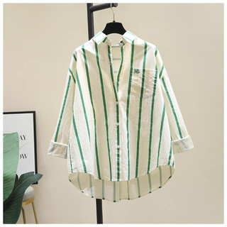 Kemeja Lengan Panjang | Gaya Kasual Kekinian | Bahan Katun Halus | Desain Kerah Polo | Motif Garis Vertikal | Atasan Longgar | Hem Tidak Seragam | Original By Chicmore